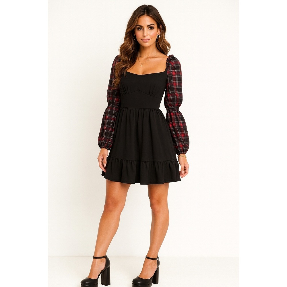 Scarlet Darkness Dress Womens S Black‎ Red Plaid Ruffle Tiered Whimsigoth Mini